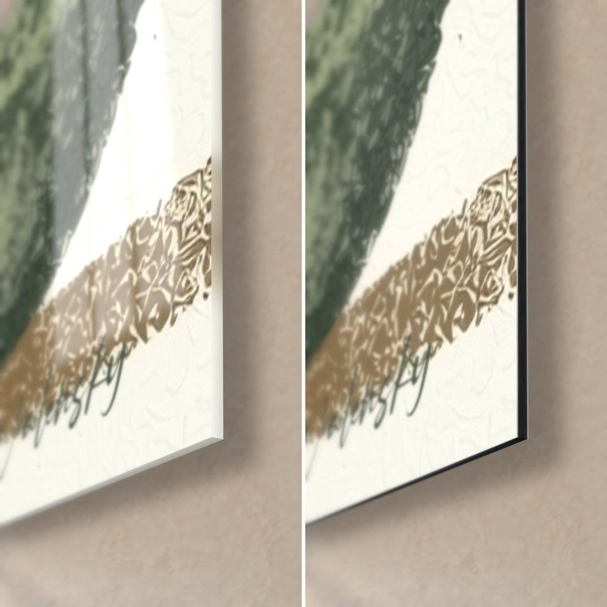 Tableau macaron vert sauge pointillé, coin bas droit en verre acrylique brillant et alu Dibond mat noir, tranche de 3 mm visible