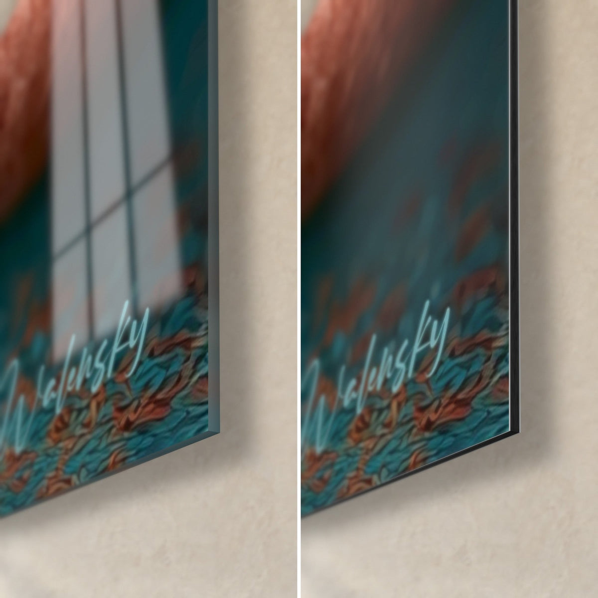 Tableau macaron brun rosé, coin bas droit : verre acrylique brillant à gauche, alu Dibond mat à droite, fond turquoise