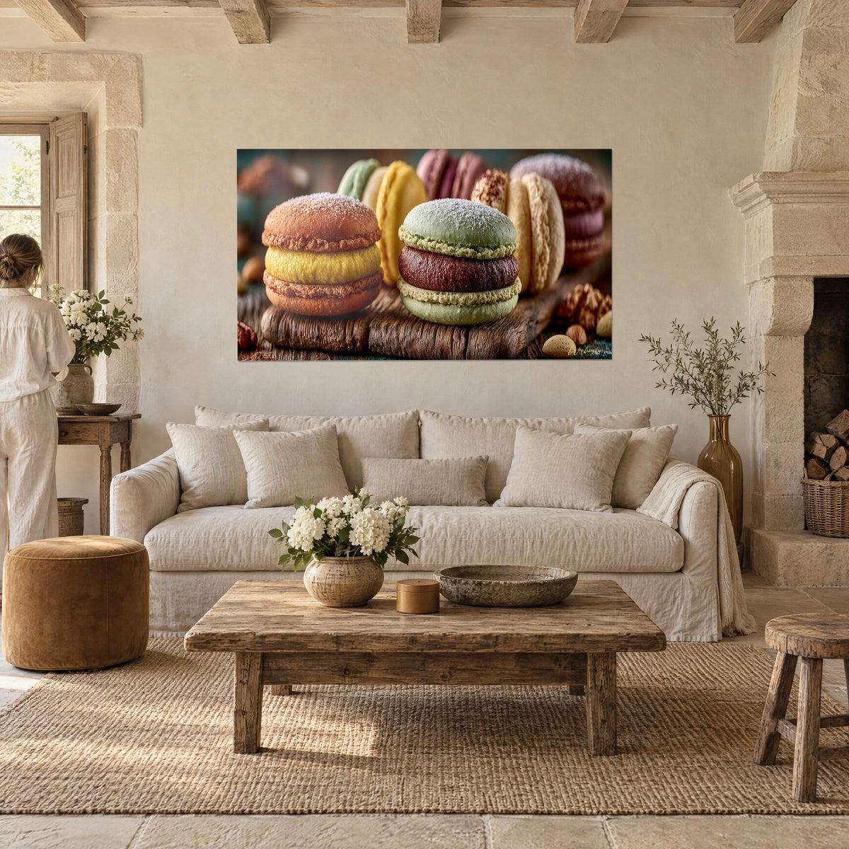 Tableau macarons gourmands orange et pistache, coques poudrées de sucre sur bois, accroché au-dessus d'un canapé dans un salon lumineux