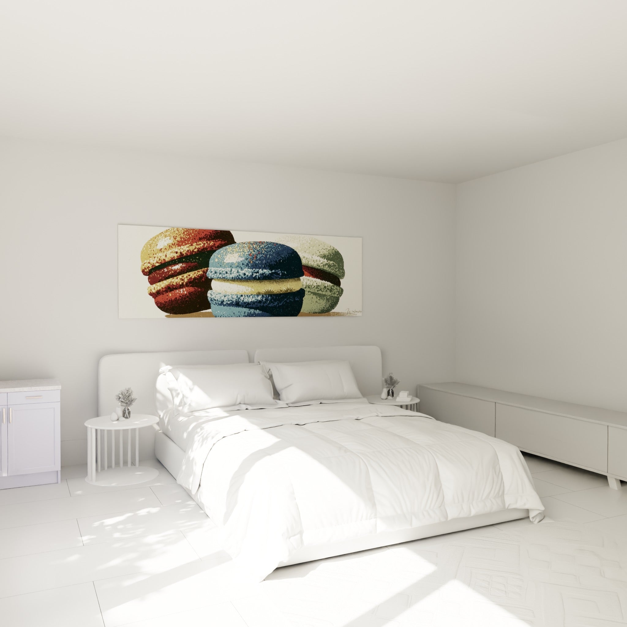 Macarons bordeaux et bleu marine texturés au-dessus d'un lit dans une chambre claire