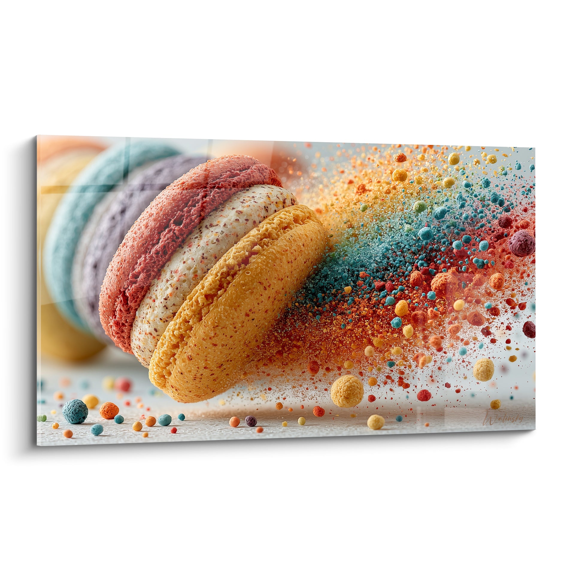 Macaron doré et corail explosant en particules bleu poudré sur fond clair, plein cadre
