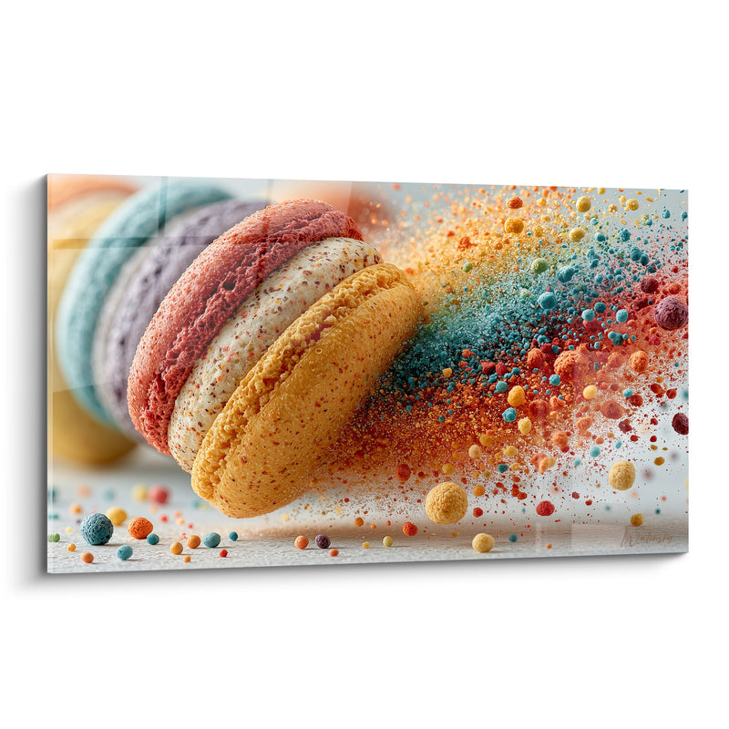 Tableau Macaron jaune et rouge en désintégration poudrée - Nuage de poudre colorée - Edition Macaron
