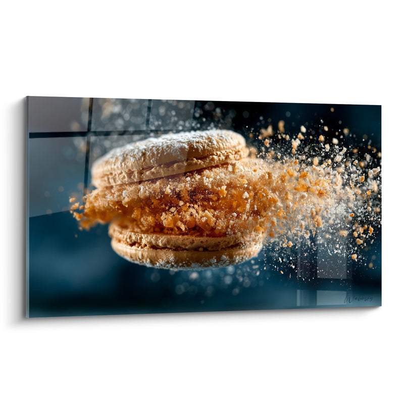 Tableau Macaron doré en explosion de miettes - Éclat gourmand suspendu - Edition Macaron