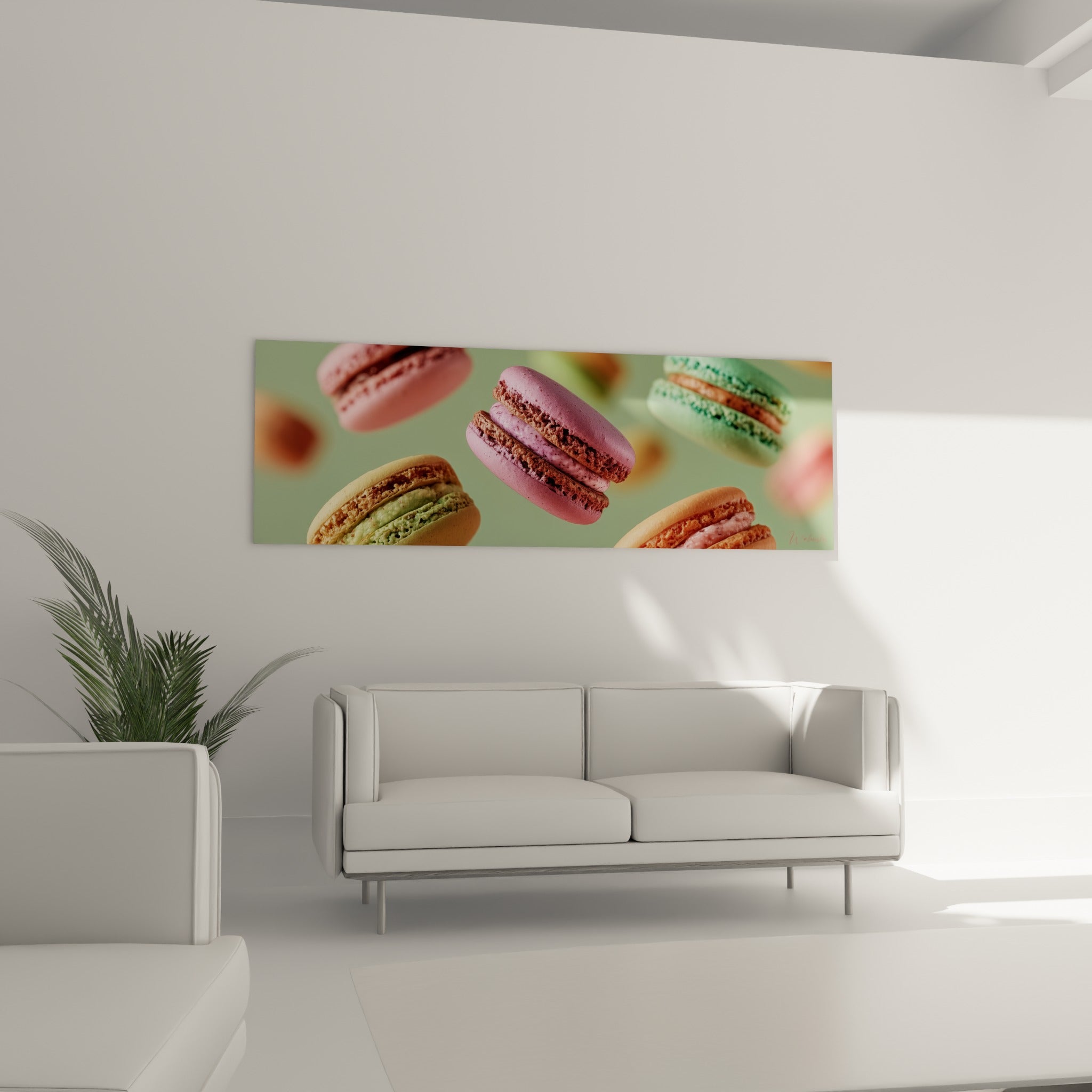 Macarons violets et jaunes en suspension gourmande, accroché au-dessus d'un canapé dans un salon lumineux