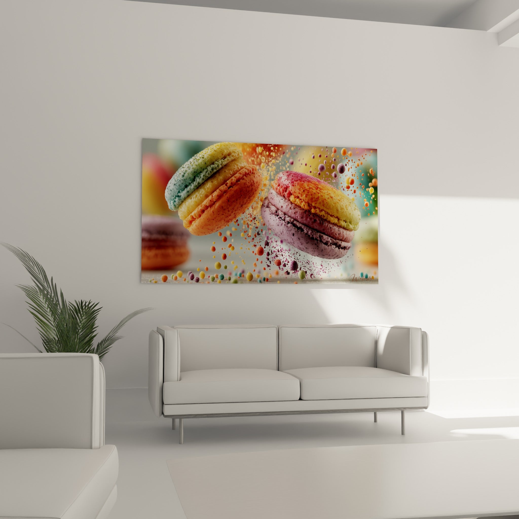 Macarons dorés et fuchsia en plein mouvement, poudre orangée éparpillée, au-dessus d'un canapé dans un salon lumineux