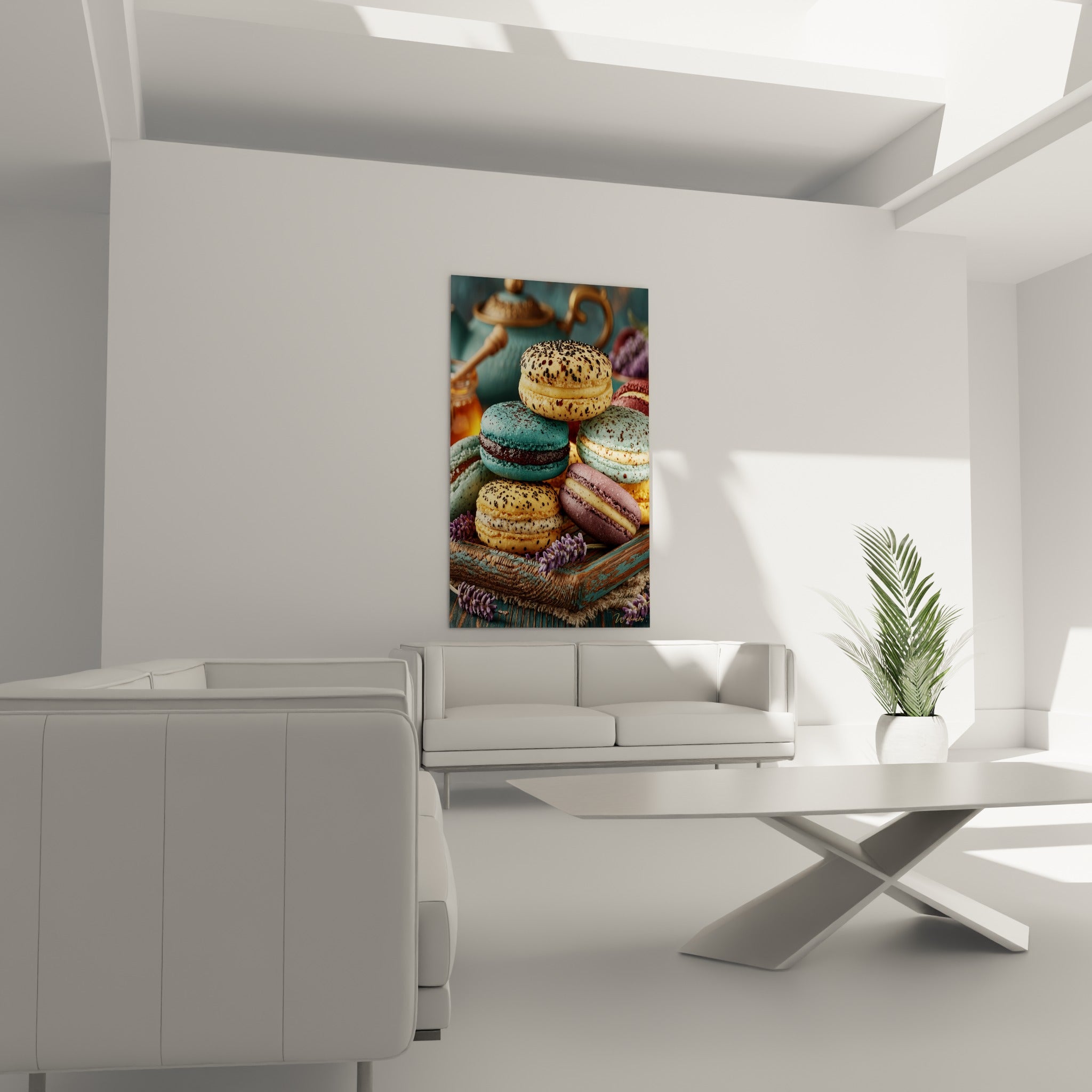 Empilement de macarons dorés et turquoise disposé au-dessus d'un canapé dans un salon lumineux