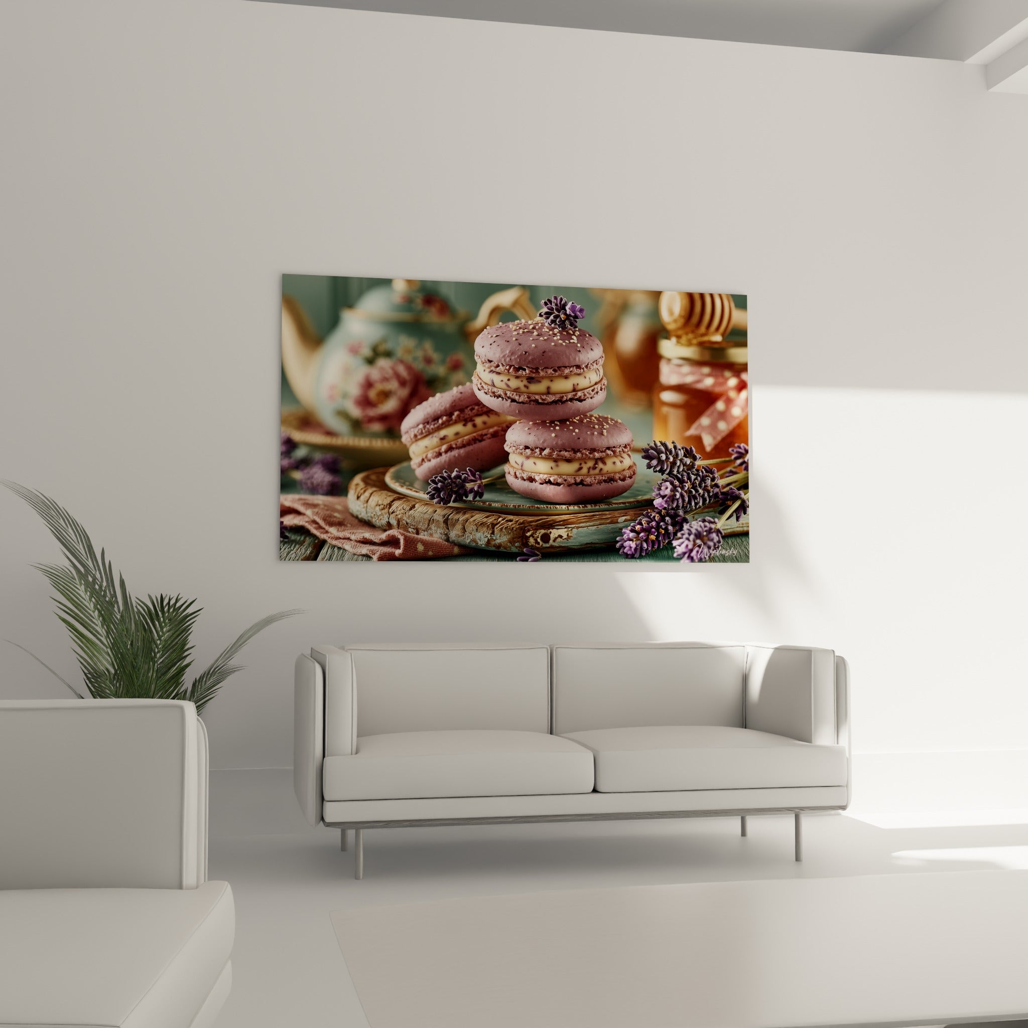 Macarons pastel mauve et doré posés sur planche de bois, au-dessus d'un canapé dans un salon lumineux
