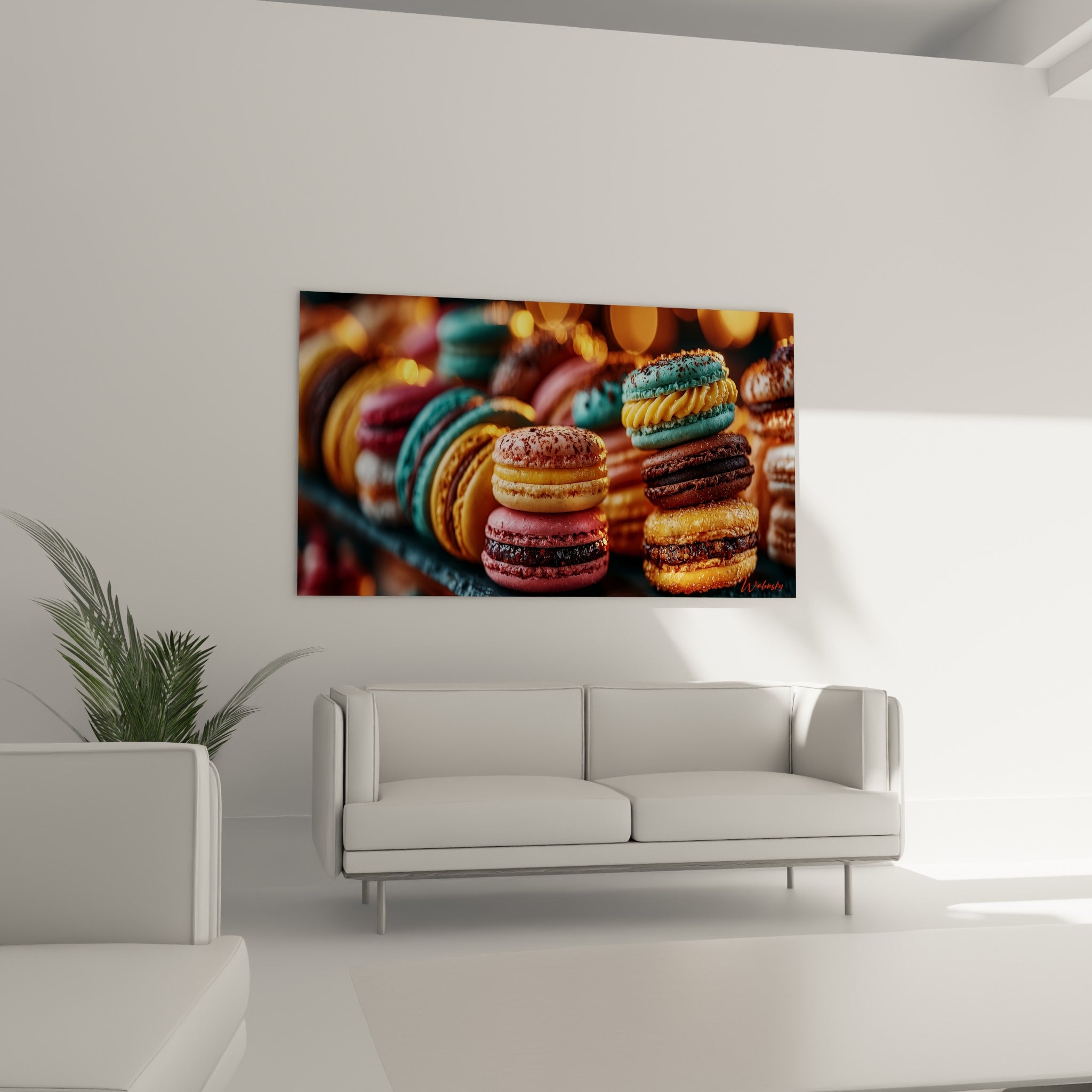 Pile de macarons dorés et bordeaux disposée au-dessus d'un canapé dans un salon lumineux