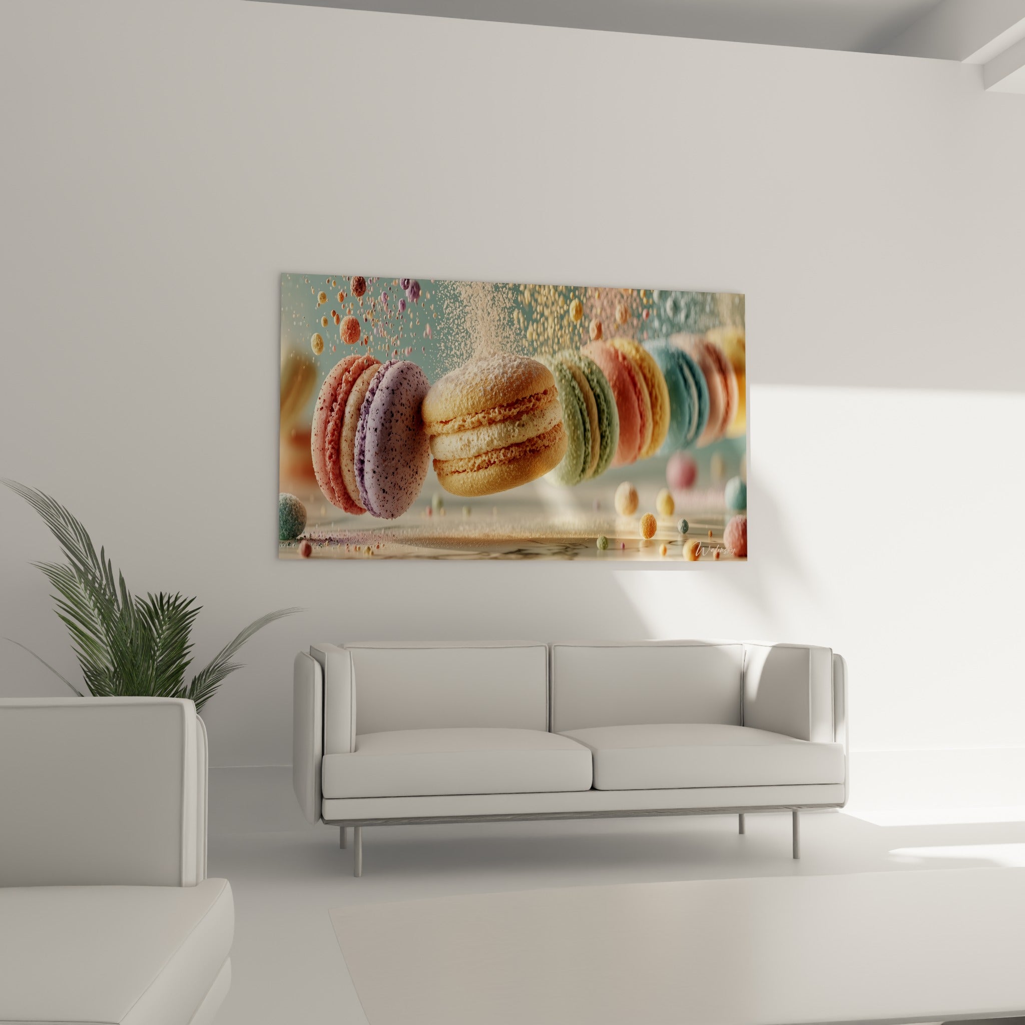 Macarons dorés et vert sauge en mouvement au-dessus d'un canapé dans un salon lumineux