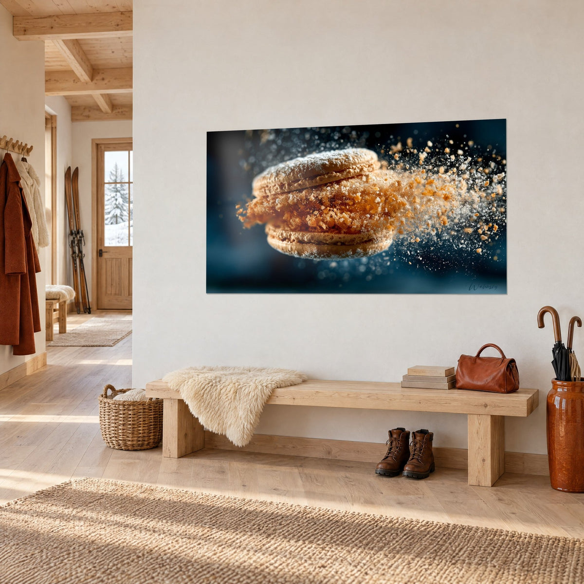 Tableau coquille craquelée de biscuit explosant en poudre blanche et éclats orange, accroché au-dessus d'un banc de chalet