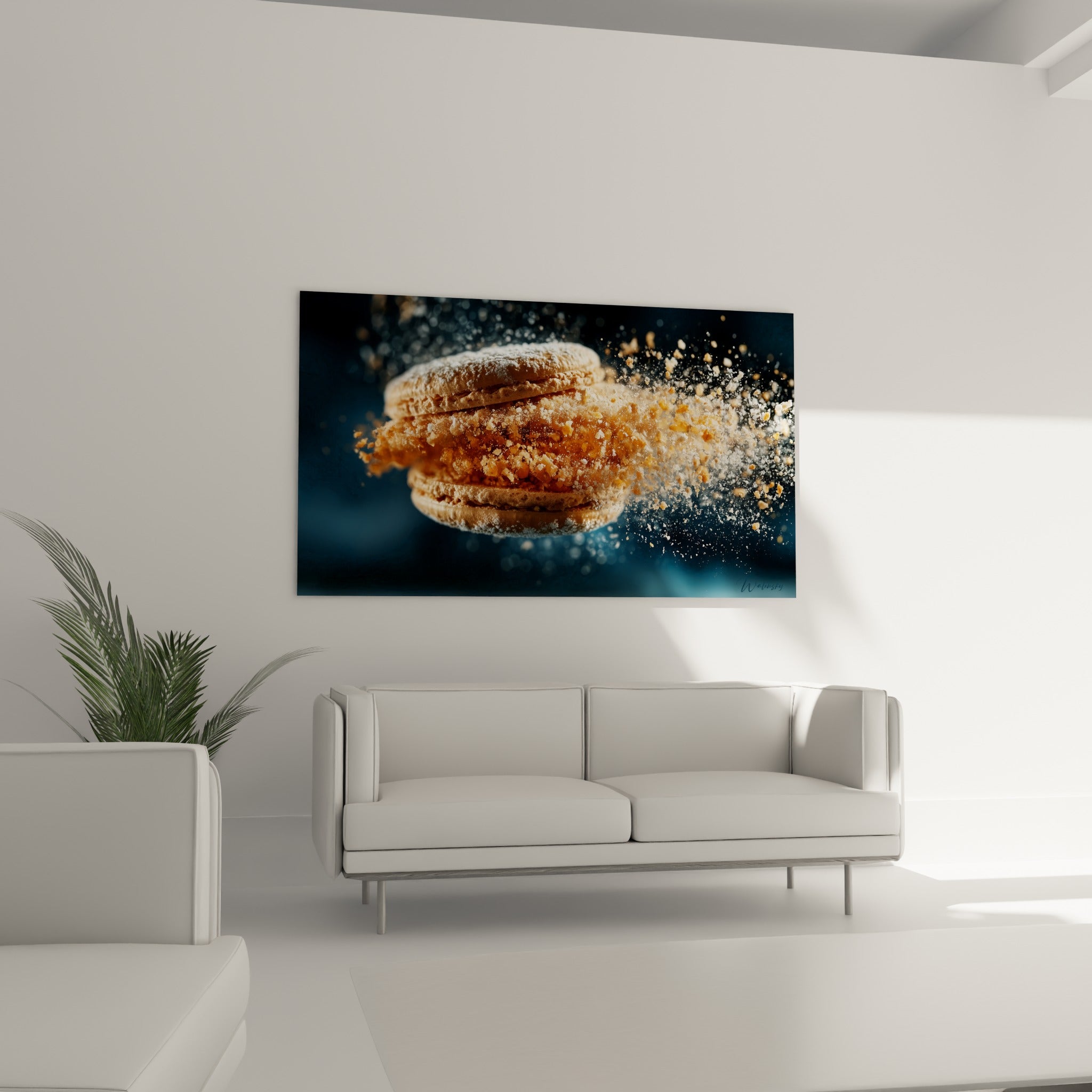 Macaron ocre et poudre blanche en suspension, au-dessus d'un canapé dans un salon lumineux