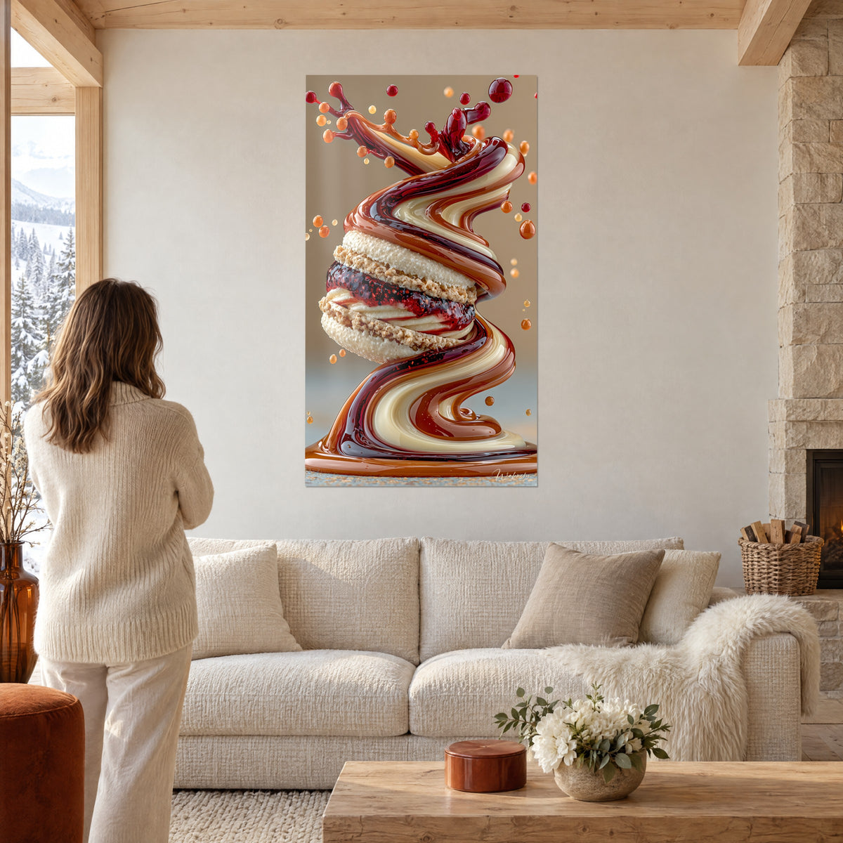 Quadro macaron avorio farcito di marmellata granata, colata di caramello a spirale, sopra un divano in un soggiorno luminoso