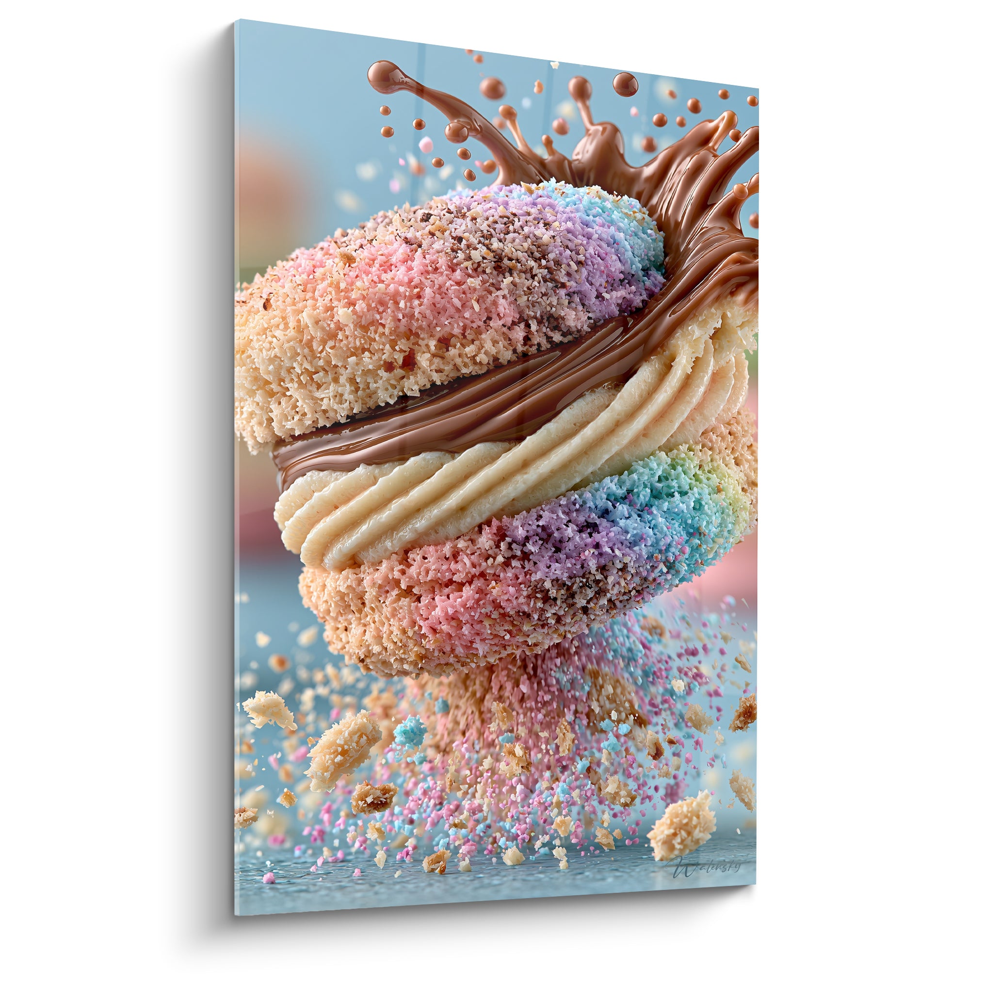 Macaron rose et bleu pastel éclaboussé de chocolat brun sur fond bleu clair flou