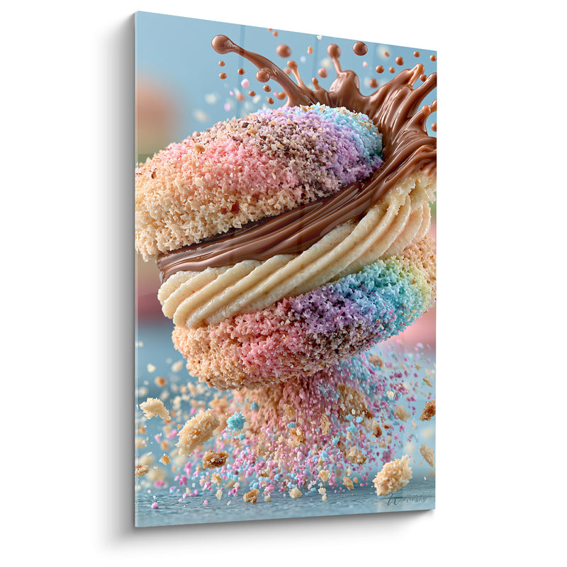 Tableau Macaron multicolore et brun à la coque grumeleuse - Chute de miettes croquantes - Edition Macaron