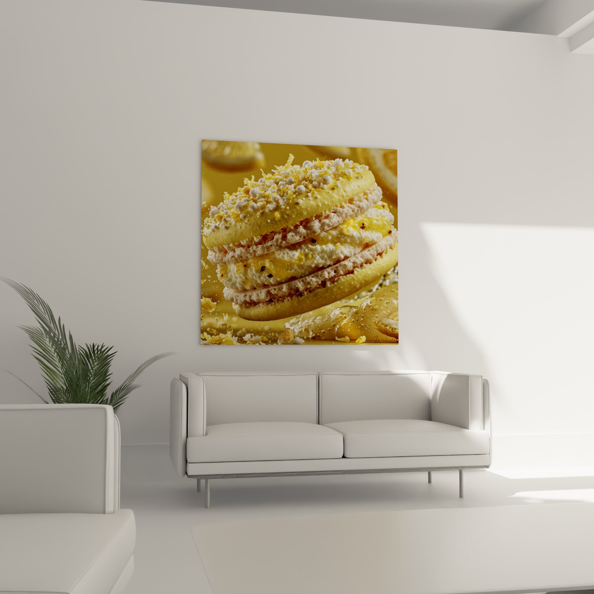 Douceur macaron jaune citronné et zestes dorés au-dessus d'un canapé dans un salon lumineux