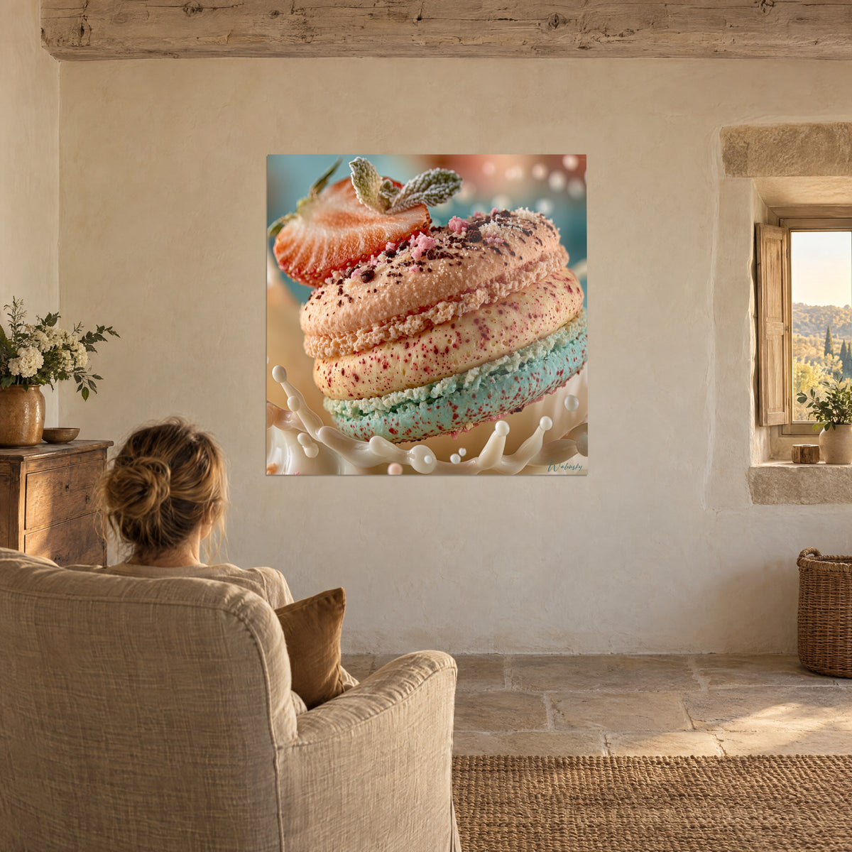 Quadro dolcezza golosa a tre piani pesca, avorio e azzurro menta, latte bianco che zampilla, davanti a una poltrona vicino a una finestra