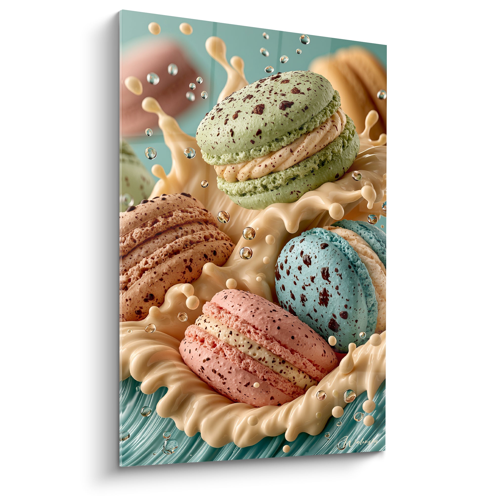 Macarons pastel vert, rose et bleu éclaboussant de crème beige sur fond turquoise texturé
