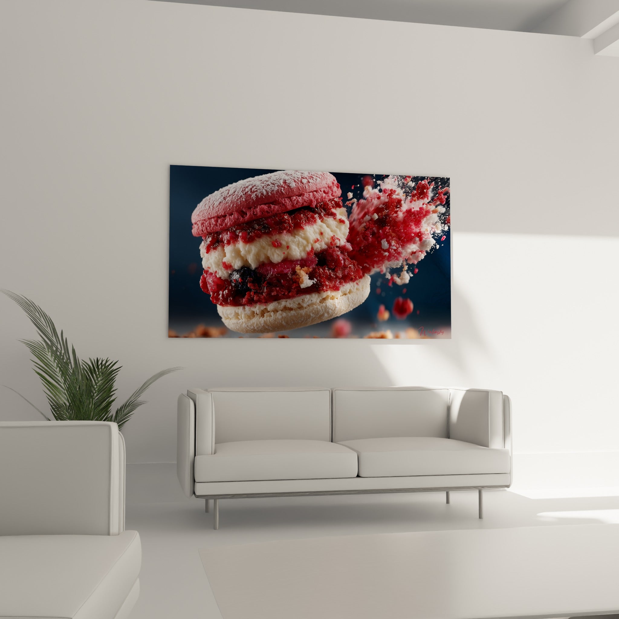 Explosion gourmande de macaron rouge et crème au-dessus d'un canapé dans un salon lumineux