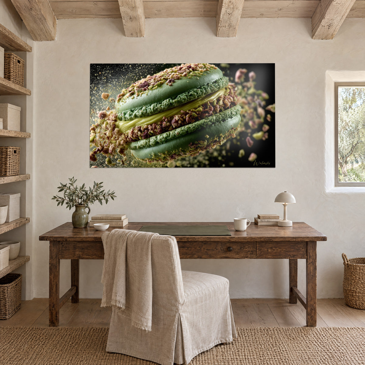 Wall art macaron bursting into soft green and brown pistachio crumbs, black background, hung on the wall of a rustic wooden office