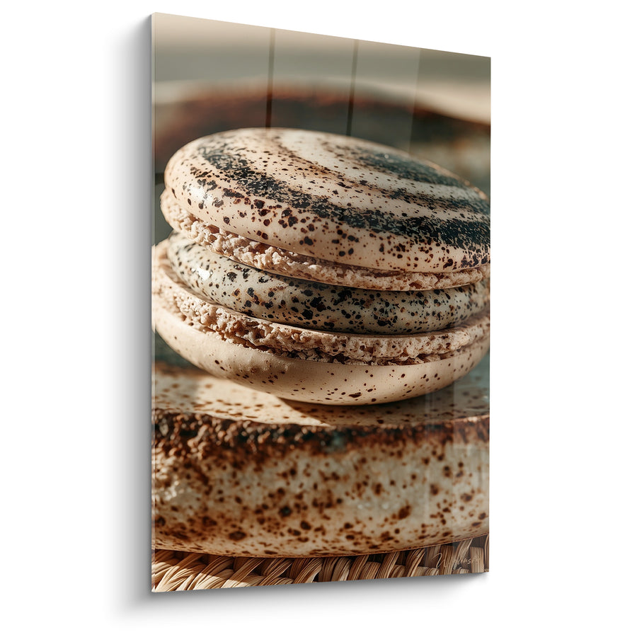 Tableau Macaron ivoire et brun sur socle en grès moucheté - Panier tressé en fibre - Edition Macaron