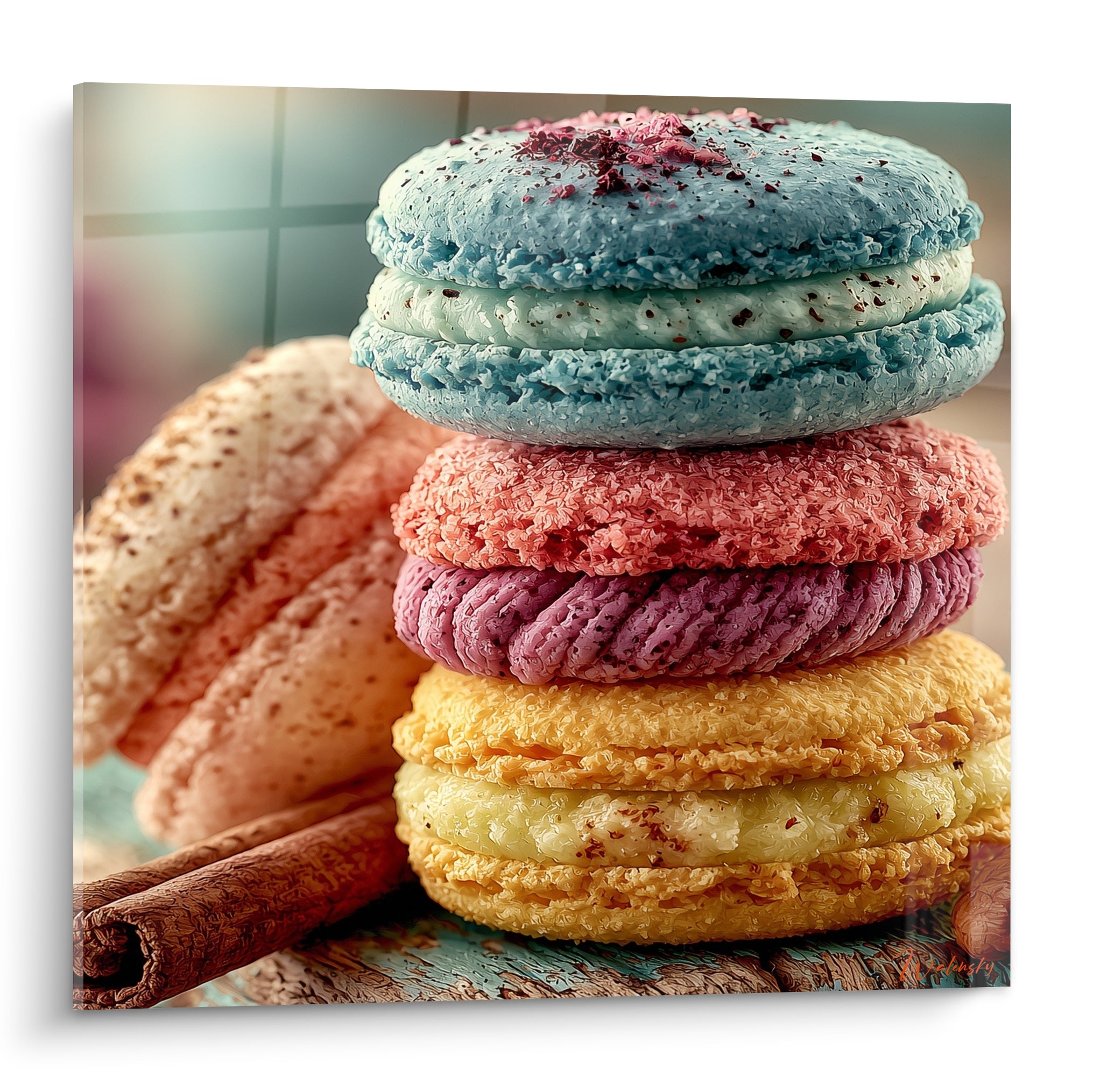 Macarons empilés bleu ciel, corail et jaune doré avec bâton de cannelle sur fond turquoise flou