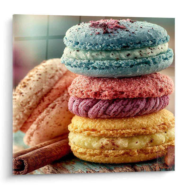 Tableau Macarons empilés bleu et jaune près d'un bâton de cannelle - Bâton de cannelle - Edition Macaron
