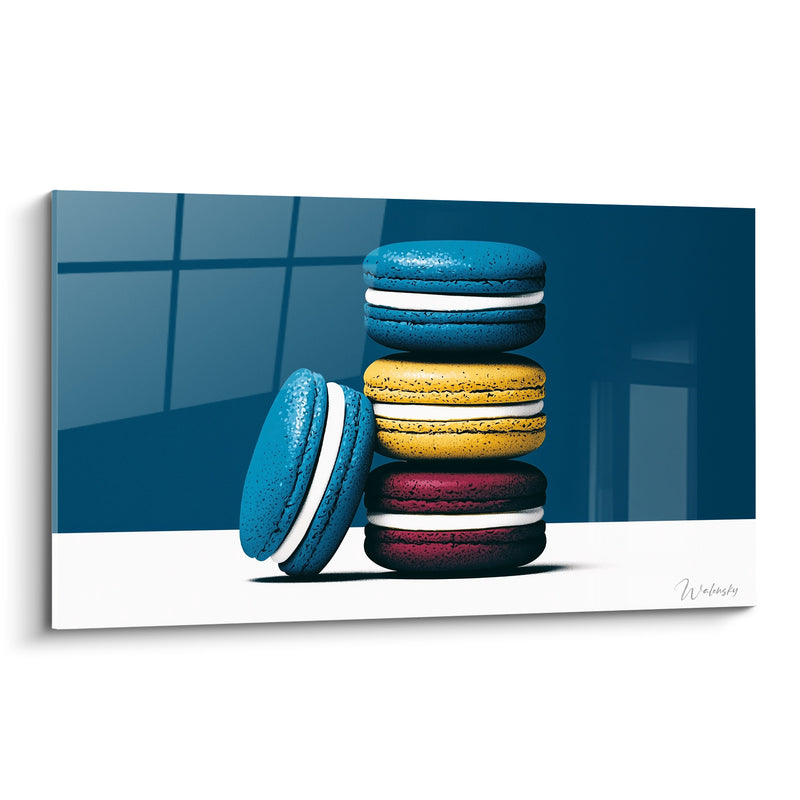 Tableau Macarons empilés bleu et doré sur fond marine - Pause sucrée - Edition Macaron