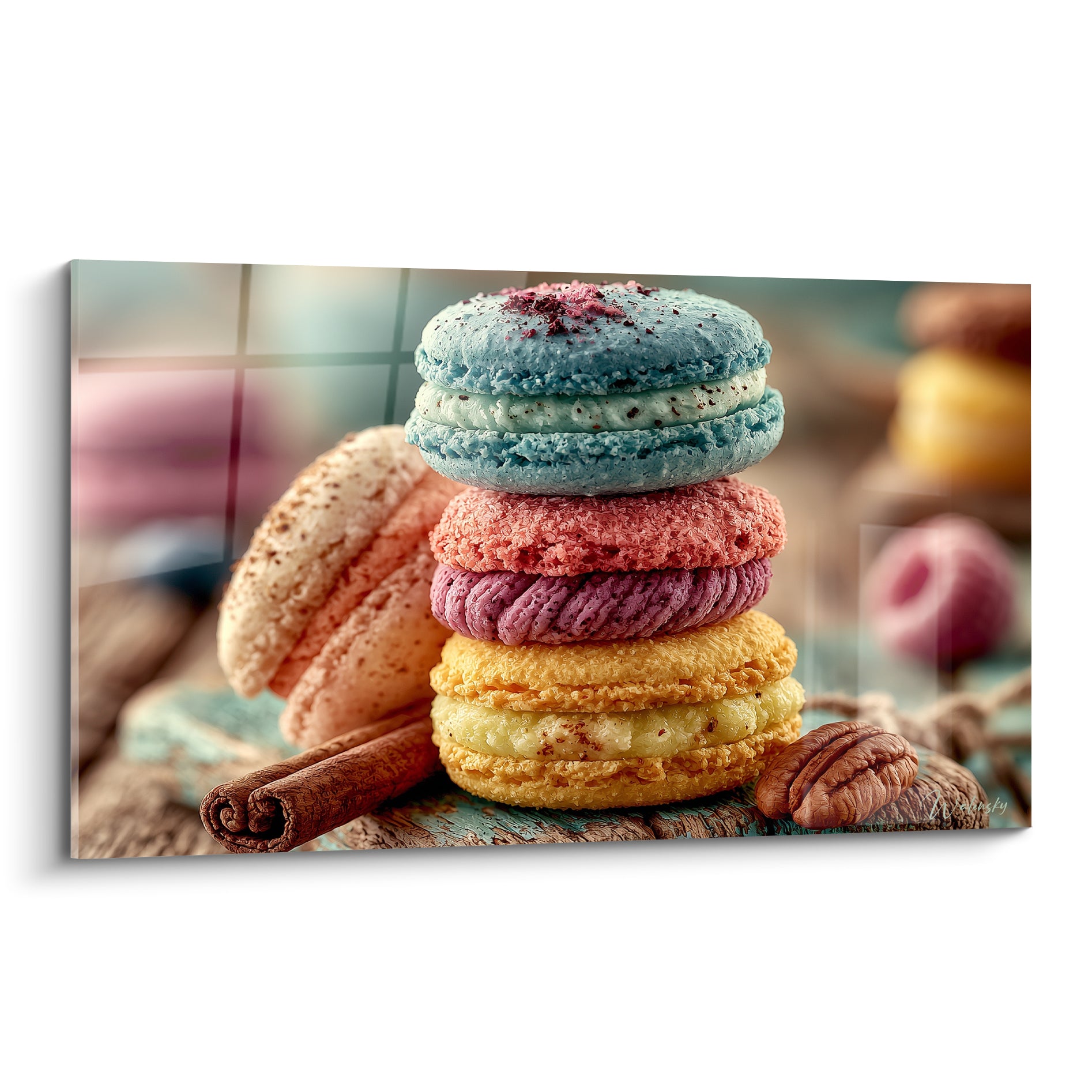 Macarons empilés bleu ciel, rose et jaune beurre sur planche de bois patinée turquoise
