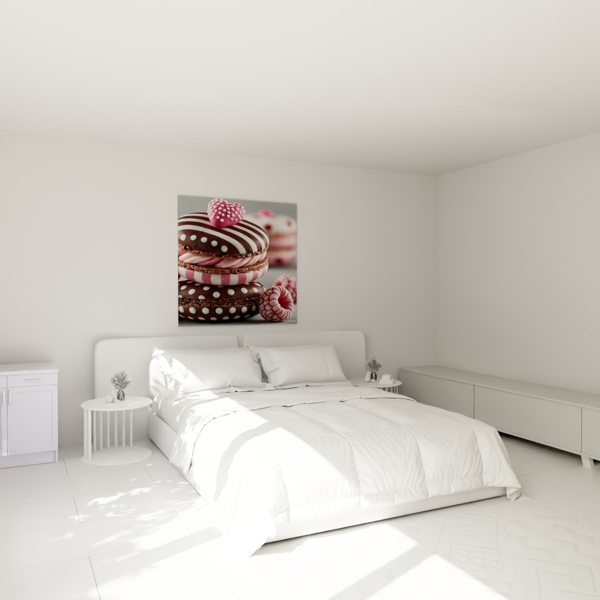 Macarons chocolat et rose empilés accrochés au-dessus d'un lit dans une chambre claire