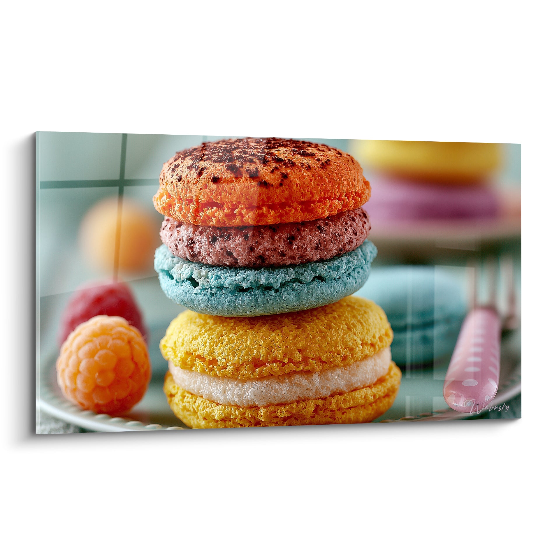 Macarons empilés jaune, bleu pastel et orangé aux textures granuleuses sur assiette blanche