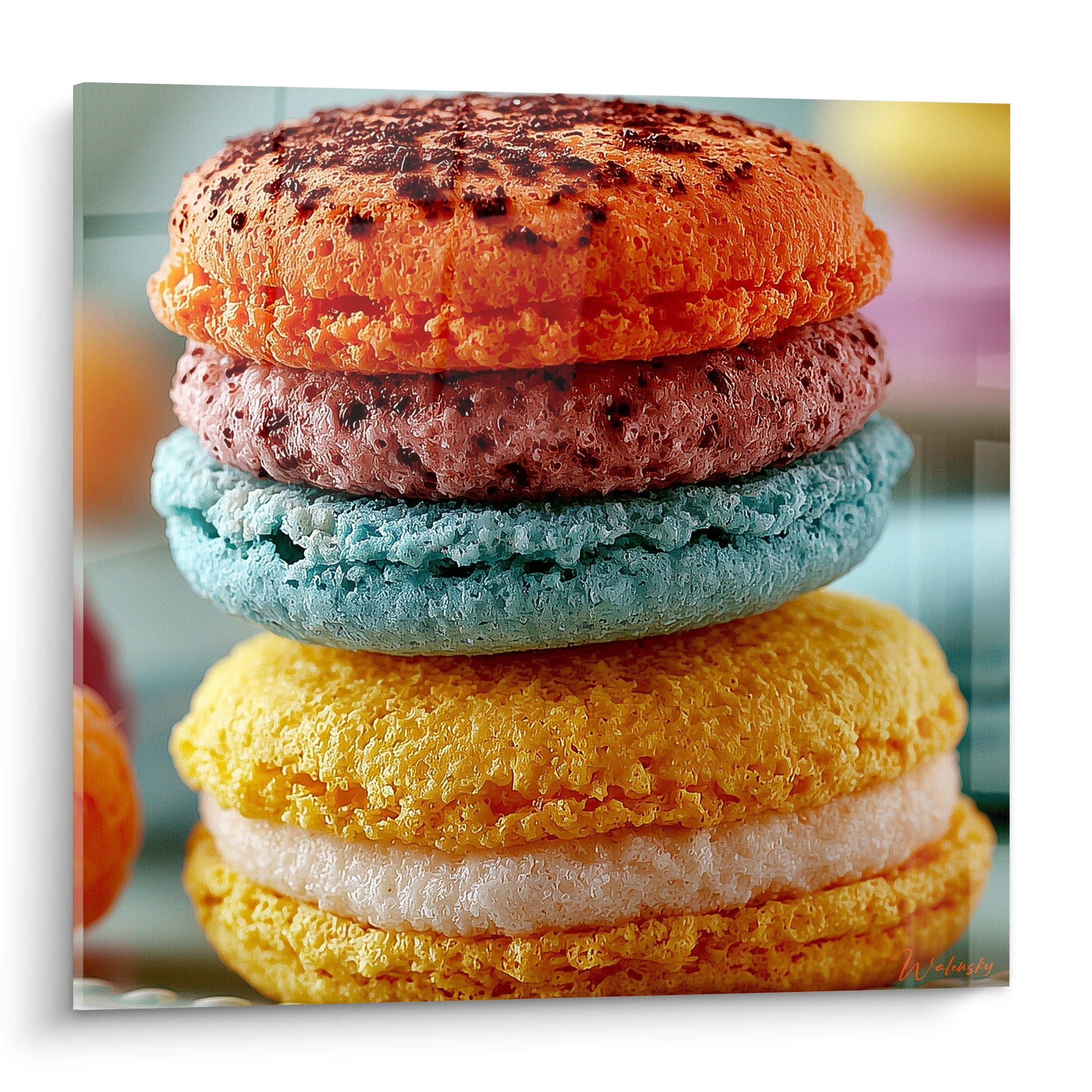 Macarons empilés orange brûlé et bleu ciel aux textures craquelées et poreuses en gros plan