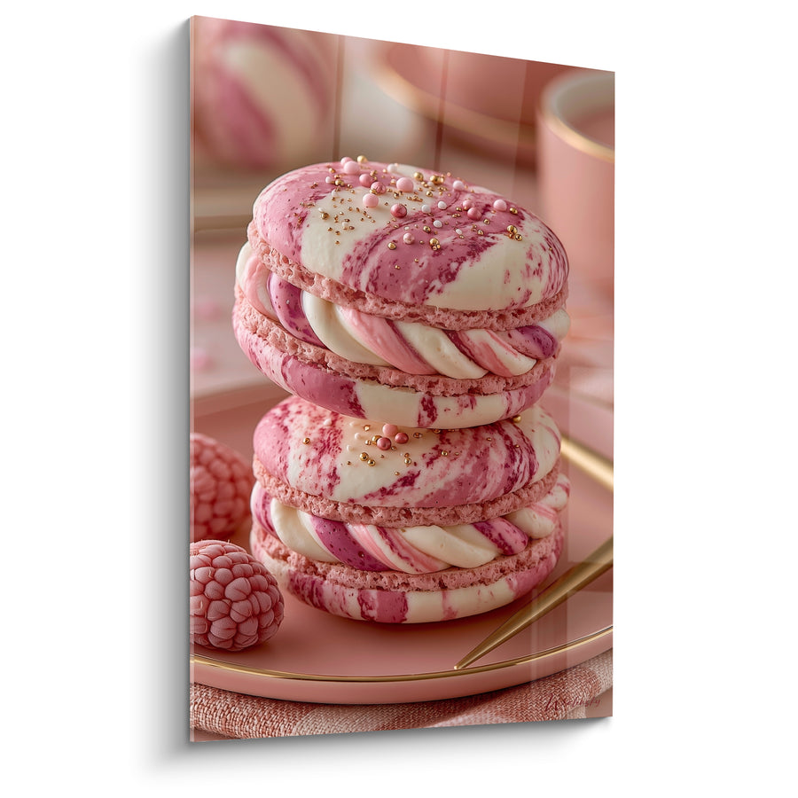 Tableau Macaron rose et blanc marbré aux perles dorées - Baguettes dorées et framboise - Edition Macaron