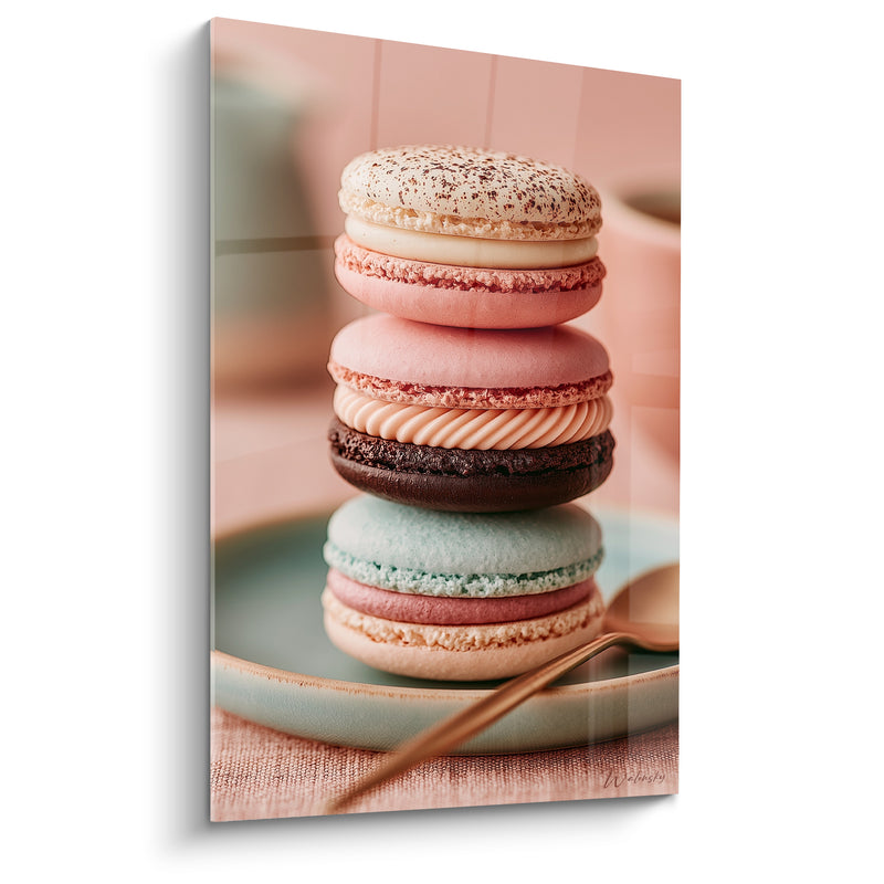Tableau Macarons empilés rose et menthe sur assiette céladon - Petite cuillère dorée - Edition Macaron