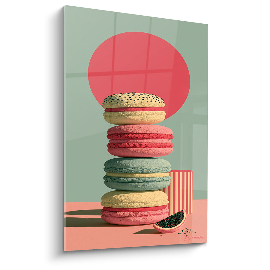 Tableau Macarons empilés jaune et sauge devant disque corail - Tranche de pastèque miniature - Edition Macaron