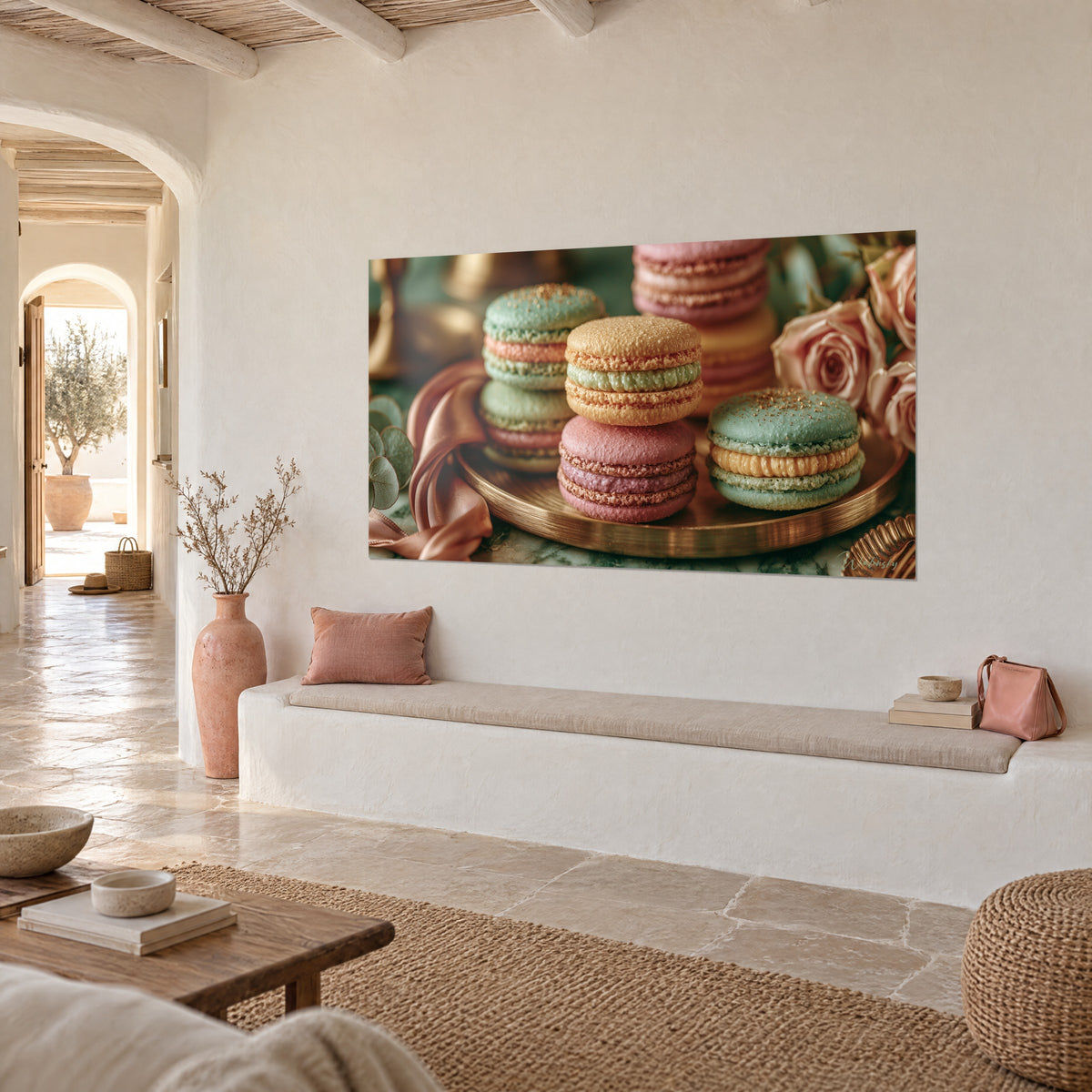 Quadro di pasticcini pastello verde acqua e rosa cipria, nastro ramato e petali avorio, visto di tre quarti su una parete bianca