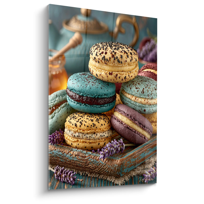 Tableau Macaron turquoise et jaune aux graines de pavot - Pot de miel doré - Edition Macaron