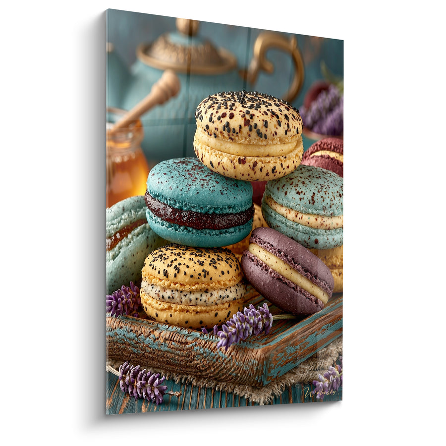 Tableau Macaron turquoise et jaune aux graines de pavot - Pot de miel doré - Edition Macaron