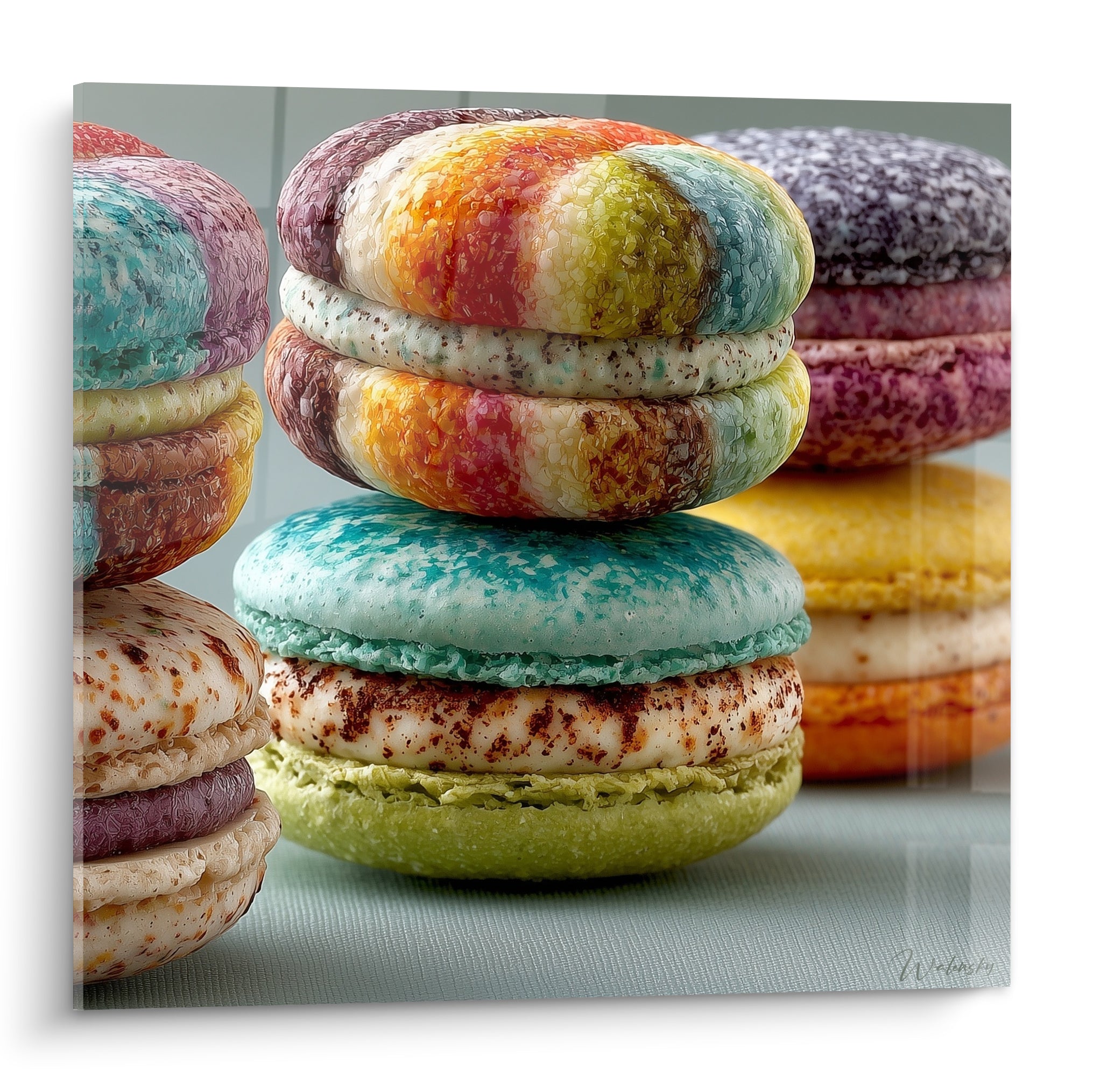 Macarons empilés aux teintes turquoise, prune et ocre, coquilles texturées façon aquarelle