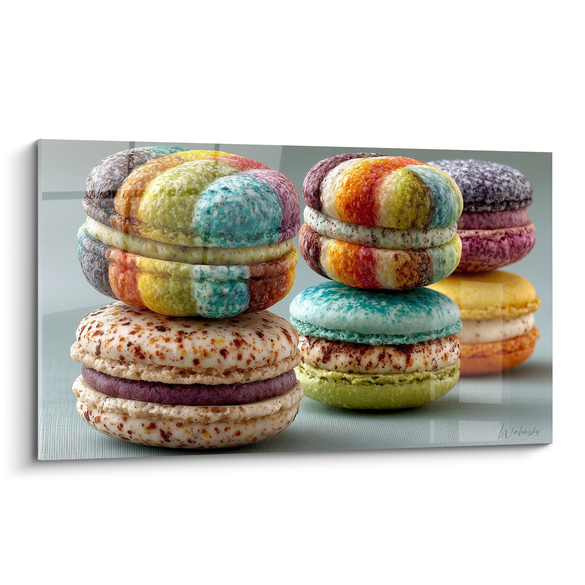 Macarons empilés turquoise, prune et safran aux textures granuleuses sur plateau gris perle
