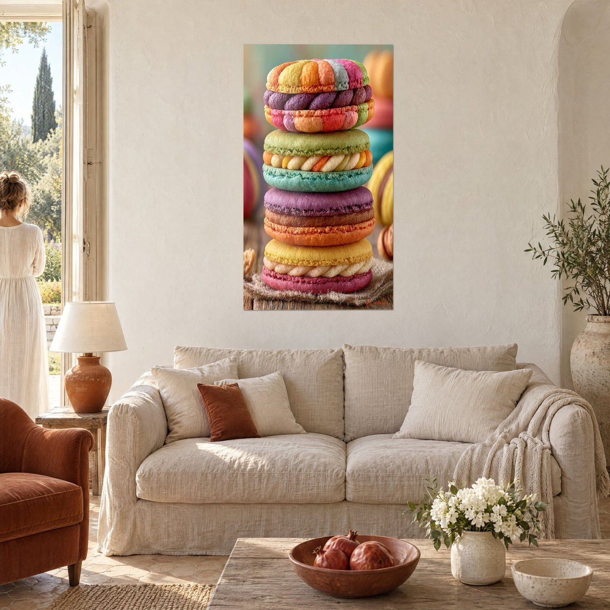 Tableau macarons empilés en tour pastel, coques violette, verte et orange, au-dessus d'un canapé dans un salon lumineux