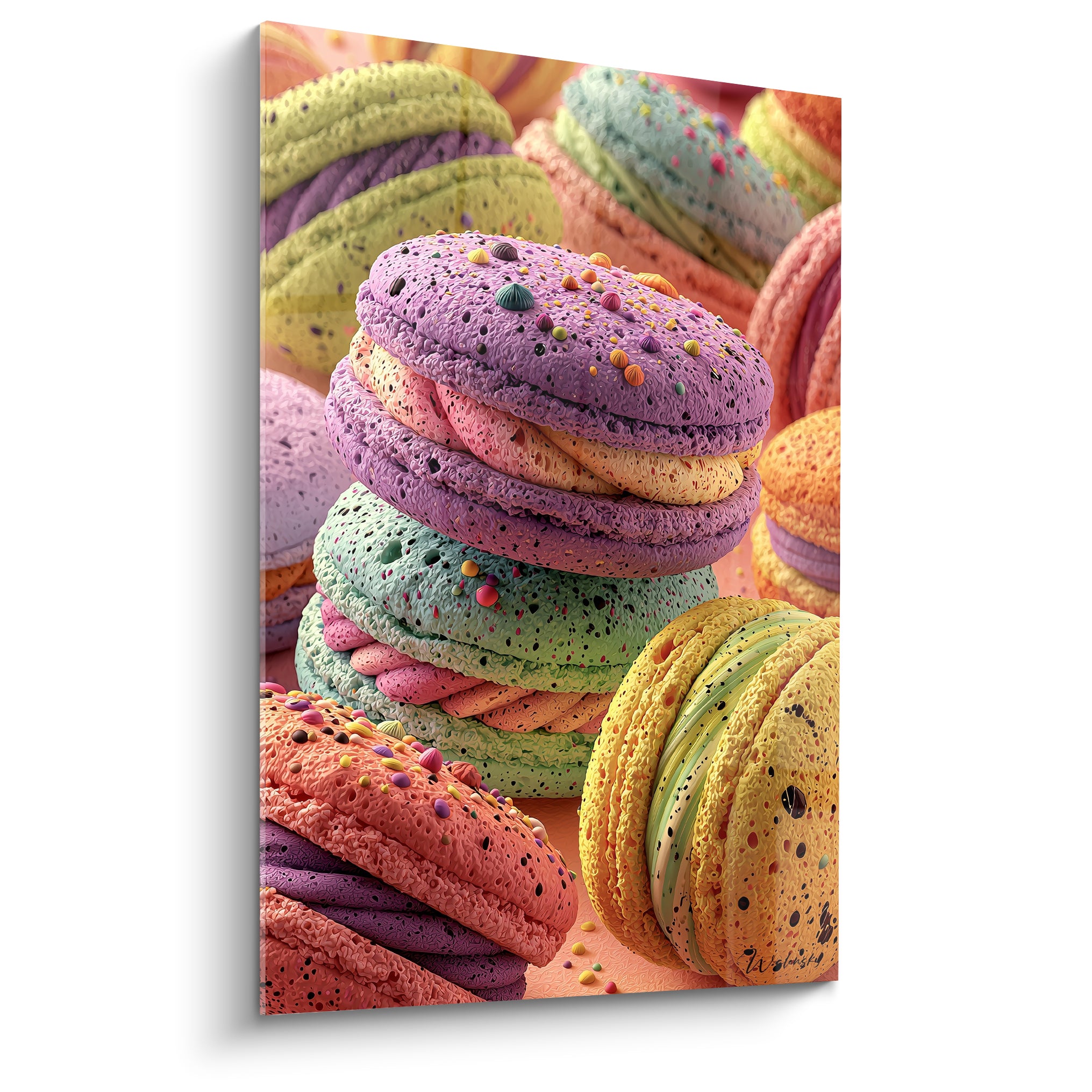 Macarons empilés violet lavande et vert menthe aux textures granuleuses et perles colorées