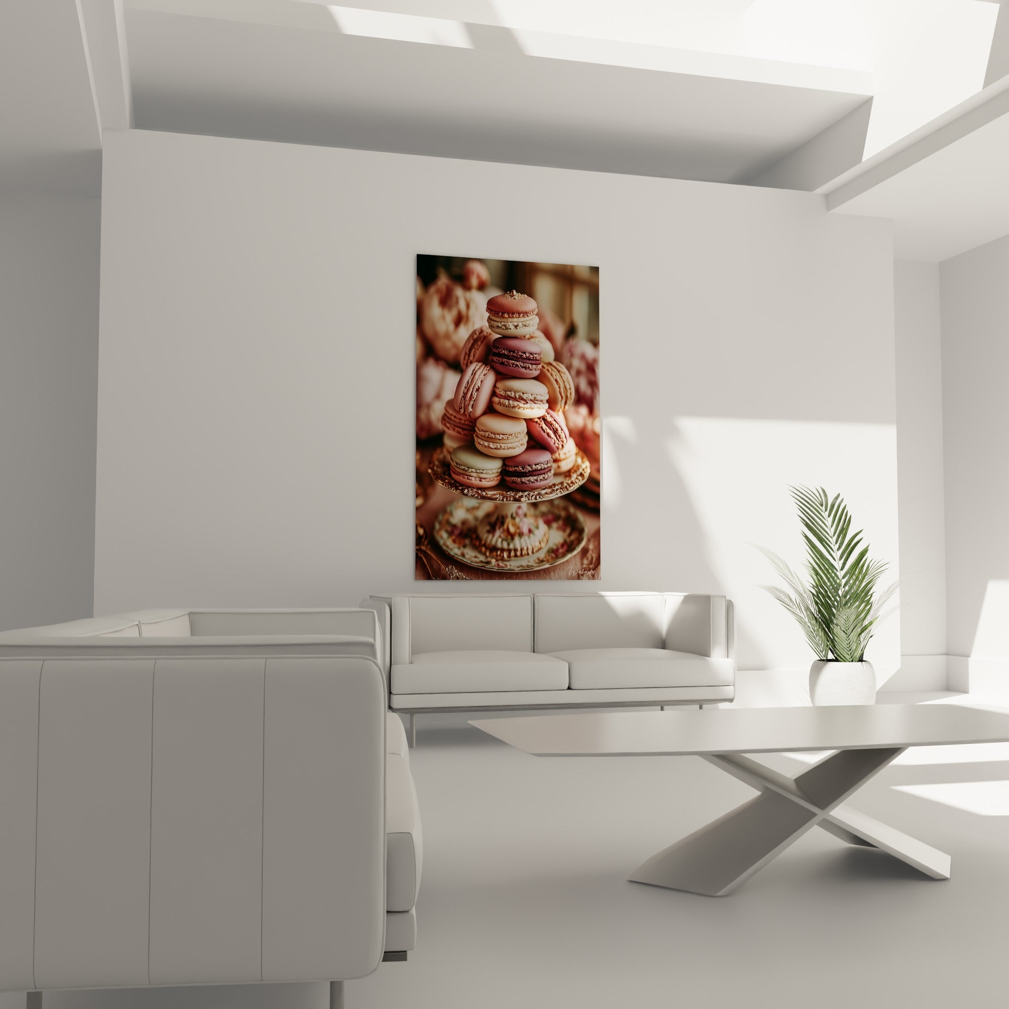 Empilement gourmand de macarons dorés et roses au-dessus d'un canapé dans un salon lumineux