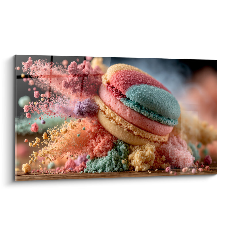 Tableau Macaron rose et turquoise multicolore éclaté - Poudre colorée en explosion - Edition Macaron