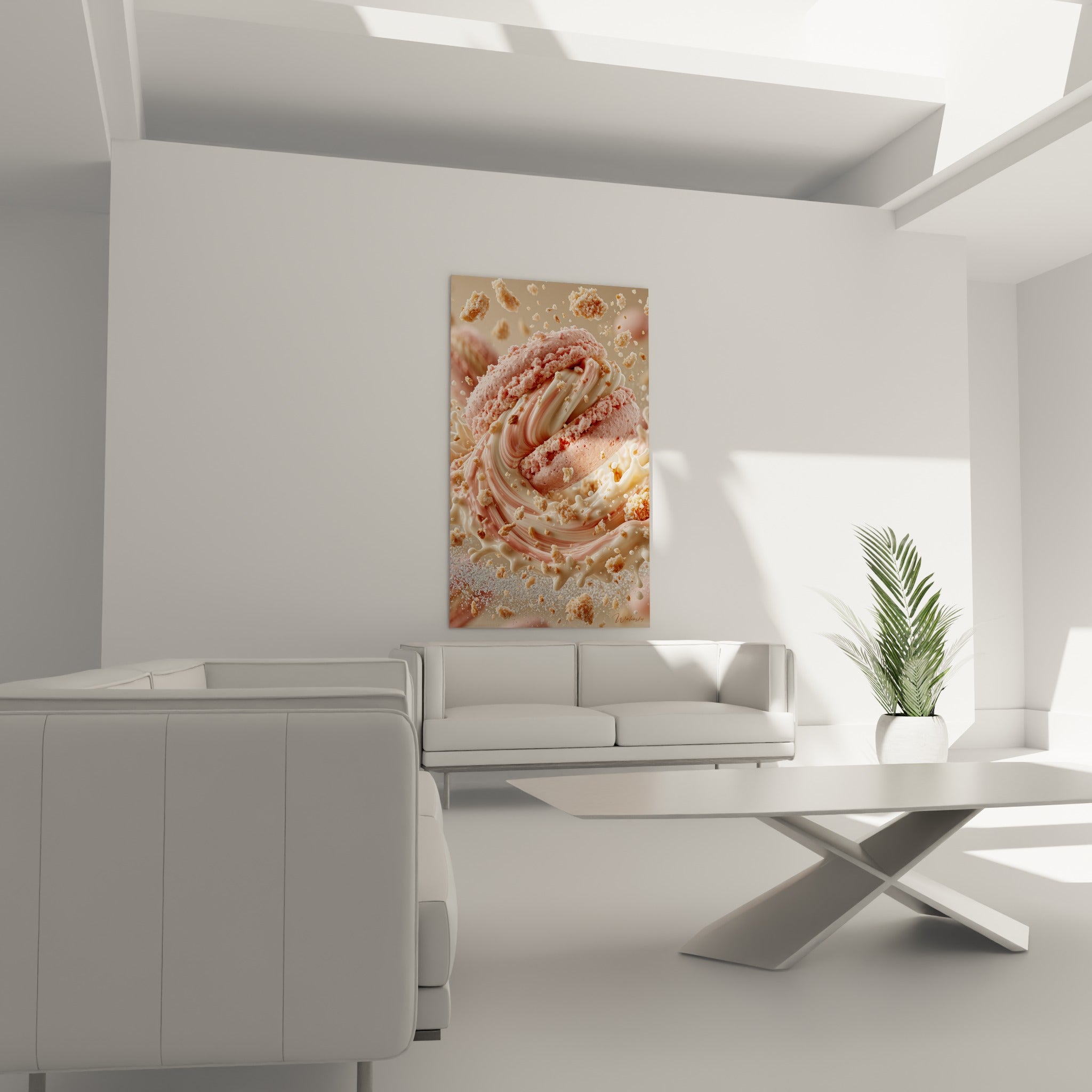 Explosion gourmande de rose poudré et de crème vanille au-dessus d'un canapé dans un salon lumineux