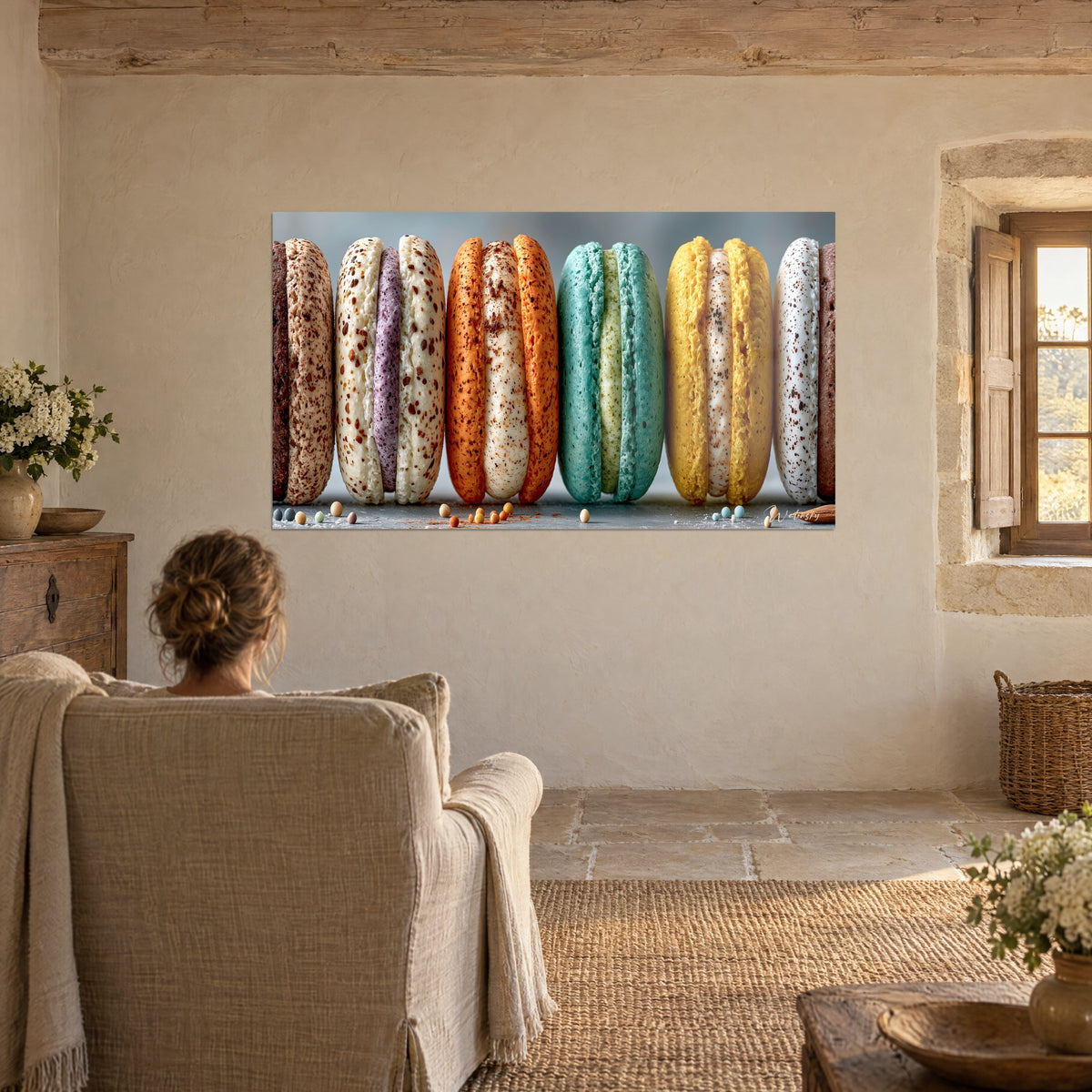 Πίνακας με γιγάντια macarons κίτρινα, τυρκουάζ και πορτοκαλί, τριμμένη σοκολάτα, γυναίκα από πίσω σε πολυθρόνα, πέτρινο εξοχικό σπίτι