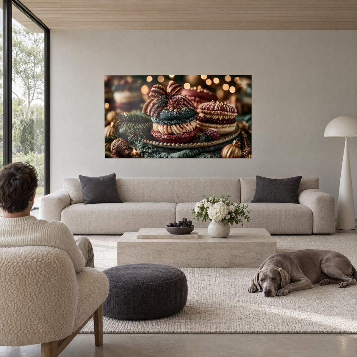Quadro pasticceria festiva con macarons bordeaux e blu notte, nastri dorati, rami di abete, sopra un divano in un soggiorno luminoso