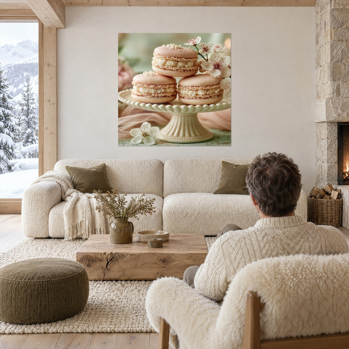 Tableau pyramide de macarons rose pâle et ivoire sur présentoir perlé, fleurs de cerisier, au-dessus d'un canapé dans un salon lumineux