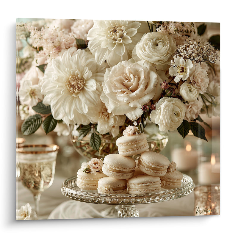 Tableau Macarons ivoire et roses pâles fleuries - Élégance nuptiale - Edition Macaron