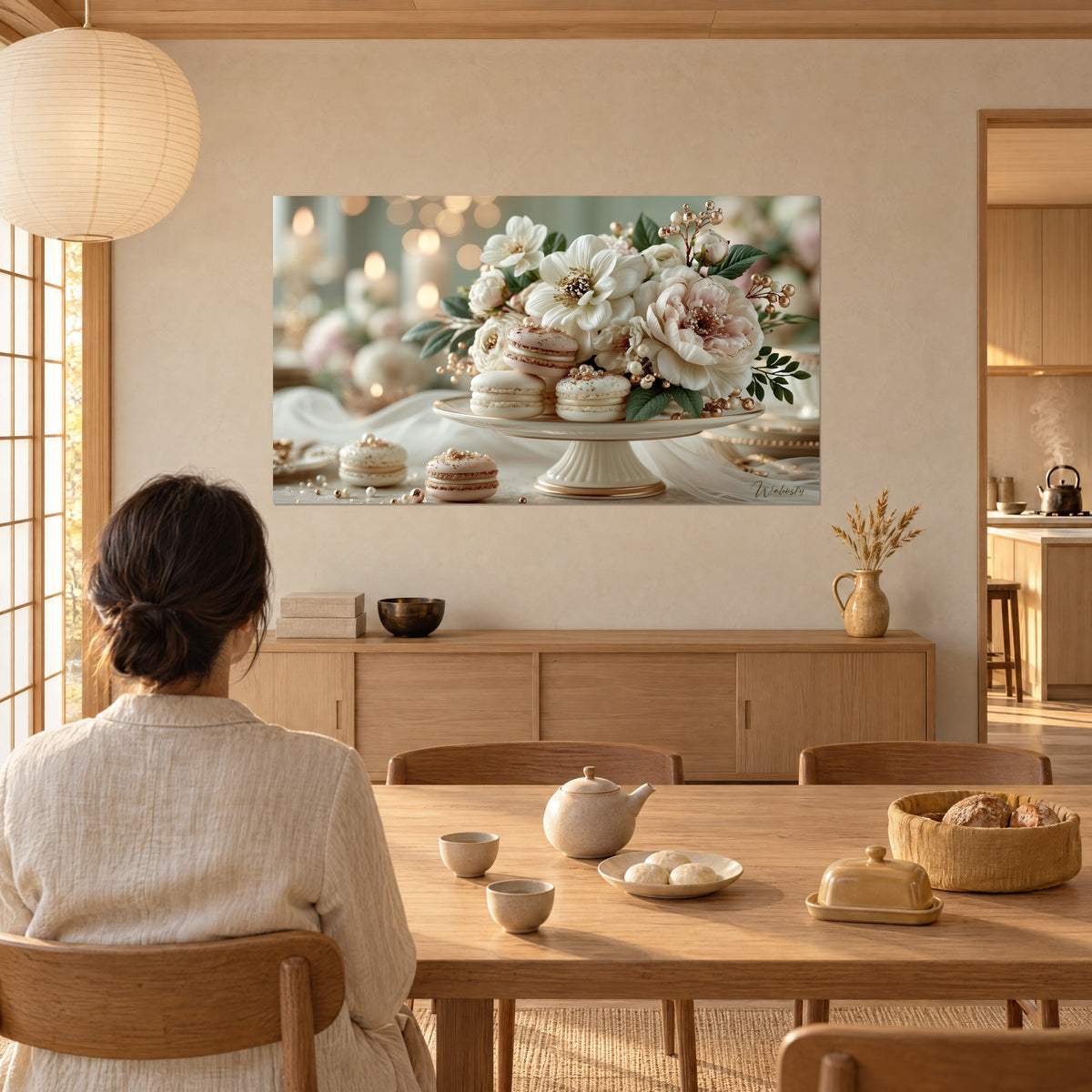 Quadro di dolci alla meringa beige rosato e grandi fiori bianchi, bokeh dorato, due persone di spalle vicino a un tavolo in legno chiaro