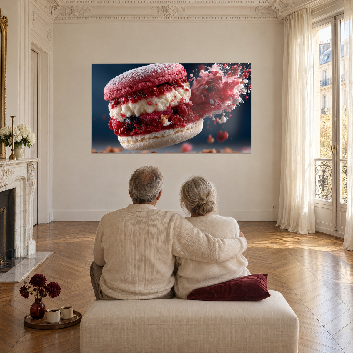 Cuadro postre rosa y blanco que proyecta fragmentos de frutos rojos, azul profundo, frente a una pareja sentada en un salón haussmanniano